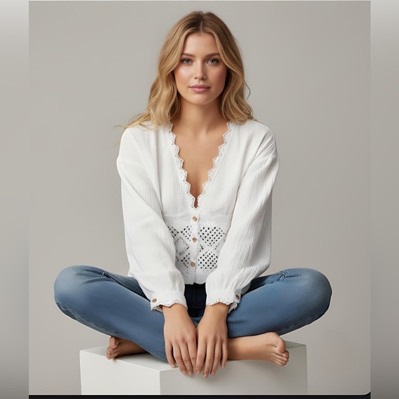 Boho V Neck Lace Blouse White - Picture 3 of 10